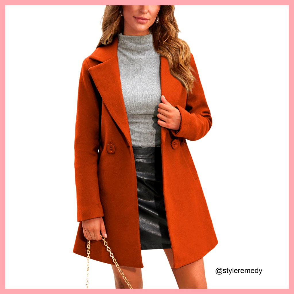 Wool Blend Pea Coat Notched Collar Double Breasted Midi Trench